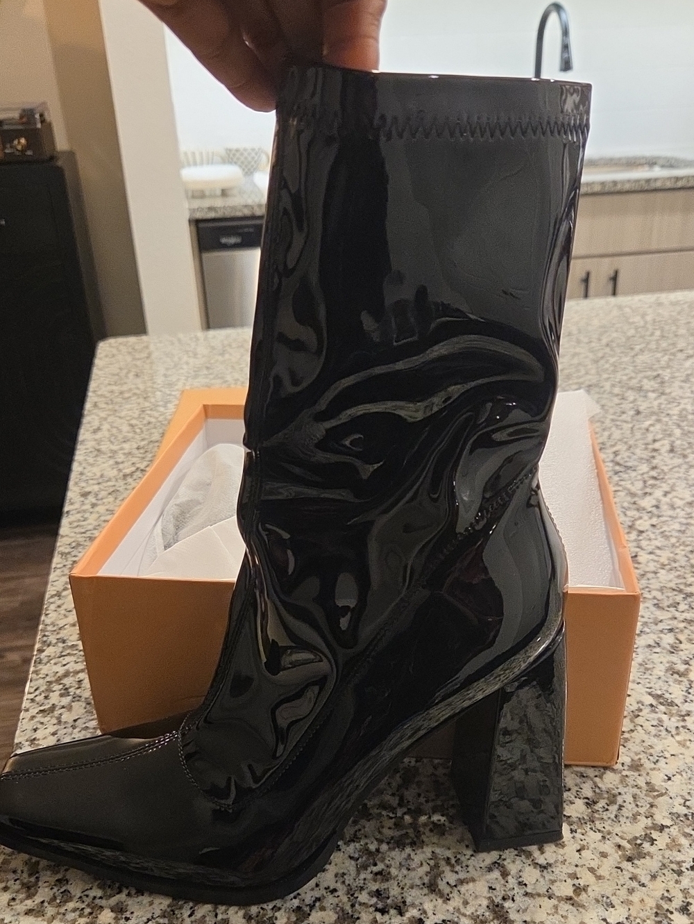 Women's Black Patent Mid-Calf Block Heel Boot